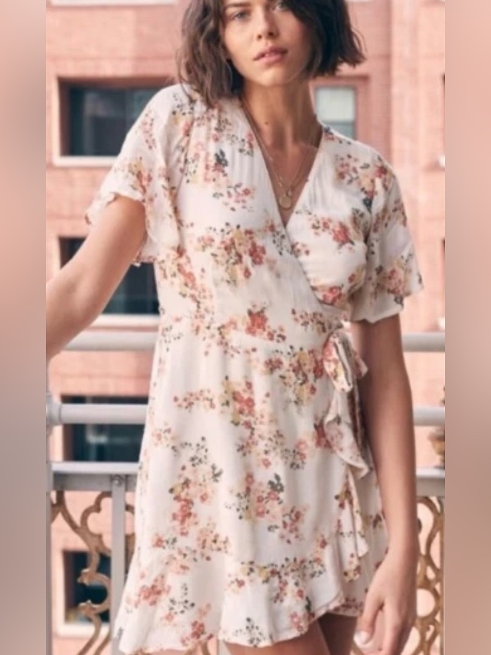 Abercrombie & Fitch Large Ruffle Hem Wrap White Yellow Orange Floral Mini Dress